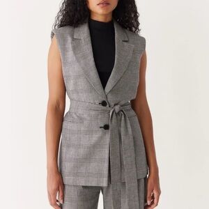 Frank & Oak Grey Plaid Sleeveless Belted Blazer Vest